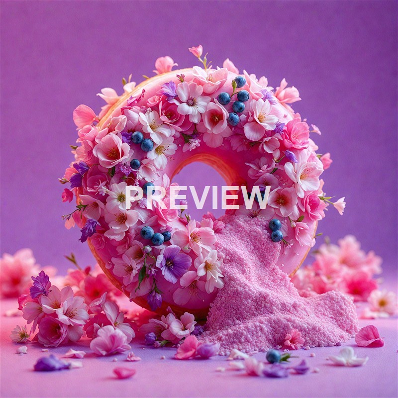 A pink donut with a floral and blueberry topping, with some of the pink crumbs spilled around it against a purple background.